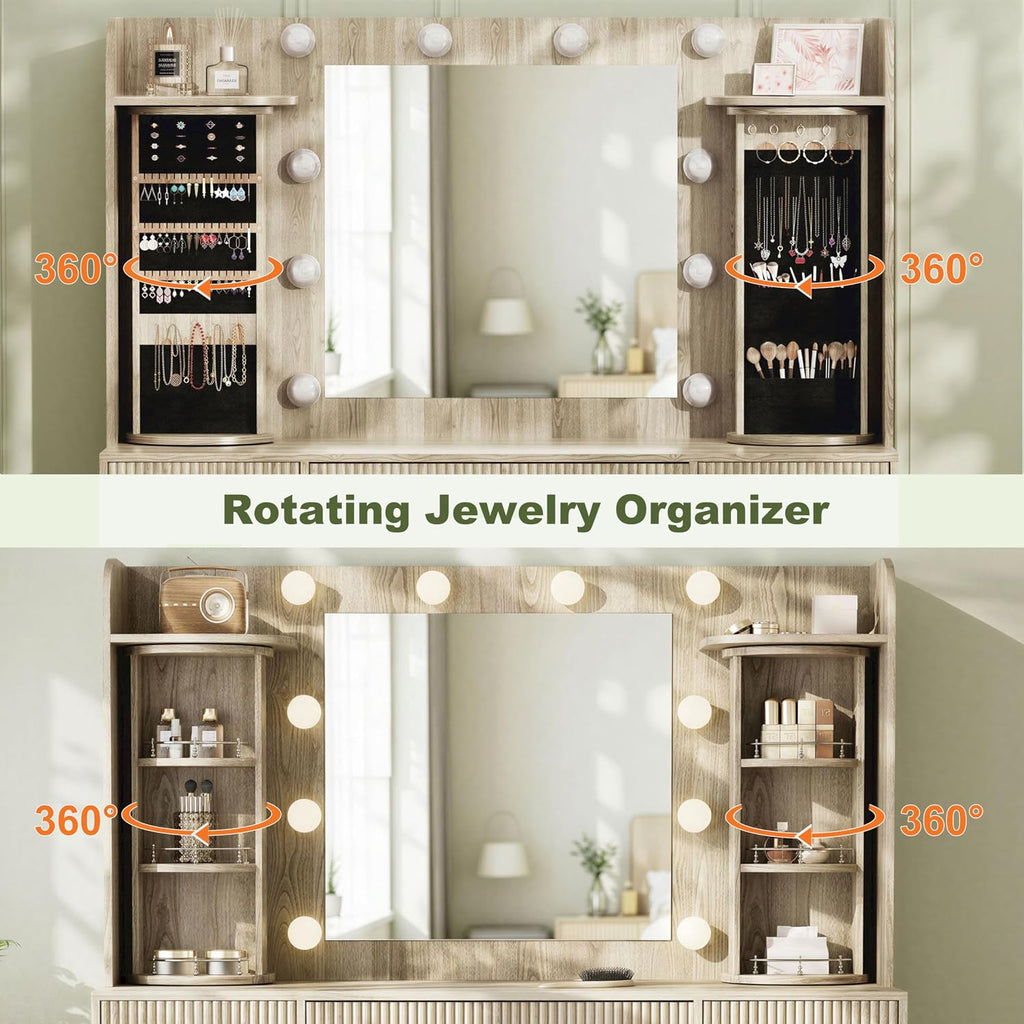 EasyCom Makeup Vanity Desk with Mirror and Lights, Vanity with Rotating Jewelry Organizers, Dressing Table with USB-C Charging Station, 3 Drawers and 2 Cabinets for Bedroom, Dressing Room, Natural Oak