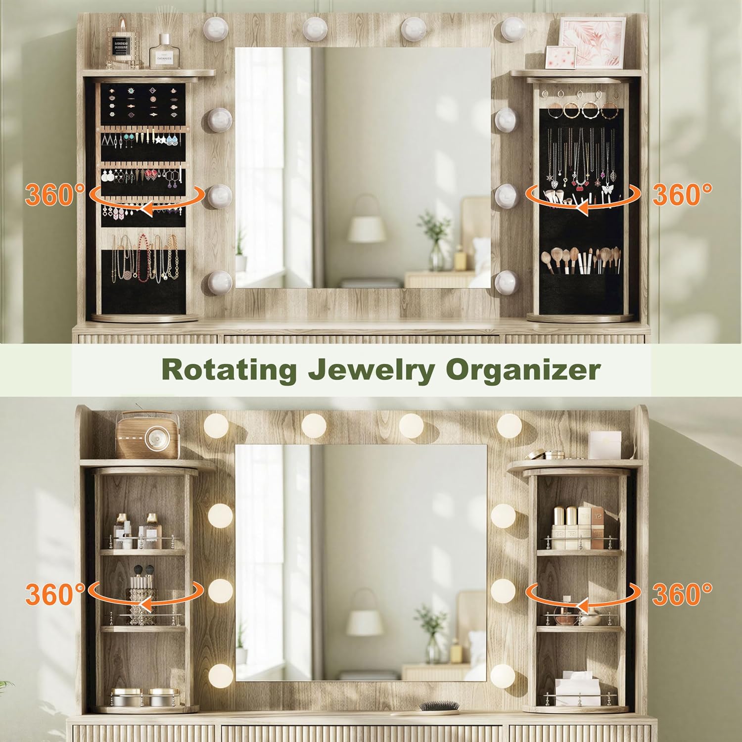 EasyCom Makeup Vanity Desk with Mirror and Lights, Vanity with Rotating Jewelry Organizers, Dressing Table with USB-C Charging Station, 3 Drawers and 2 Cabinets for Bedroom, Dressing Room, Natural Oak