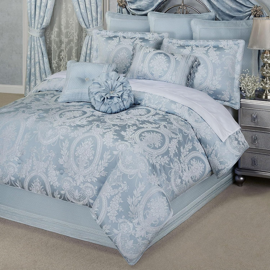 Contessa Luxury Bedding | Iced Platinum and Powder Blue Hues | Puff Jacquard-Woven Traditional Floral Bouquet and Swag Motifs | 4 Piece Bed Set Includes Queen Comforter, Bedskirt, and 2 Standard Shams