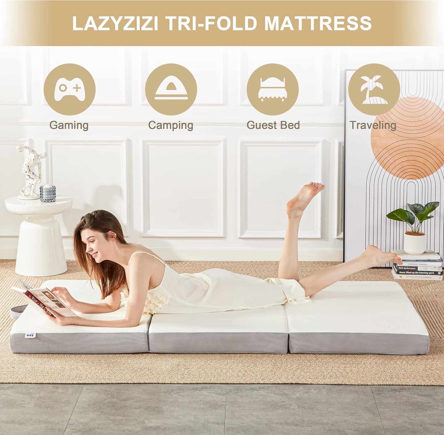 Lazyzizi Folding Mattress - 4 Inch Memory Foam Tri-fold Mattress with Breathable & Washable Bamboo Fiber Fabric Cover - Foldable Guest Bed for Camping, Road Trip, Full