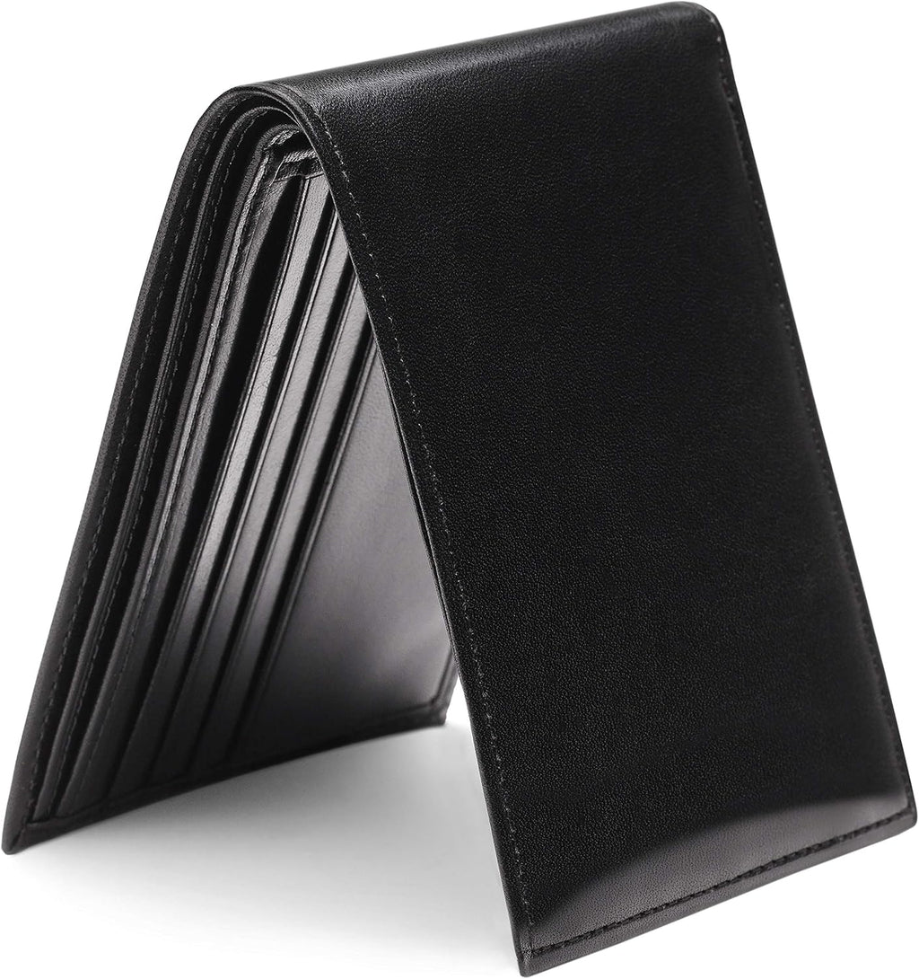 Bosca Men's Leather Wallet - RFID Security Lining - 8 Card Slots - Divided Currency Well - Full Grain Italian Leather with Glossy Finish - Black