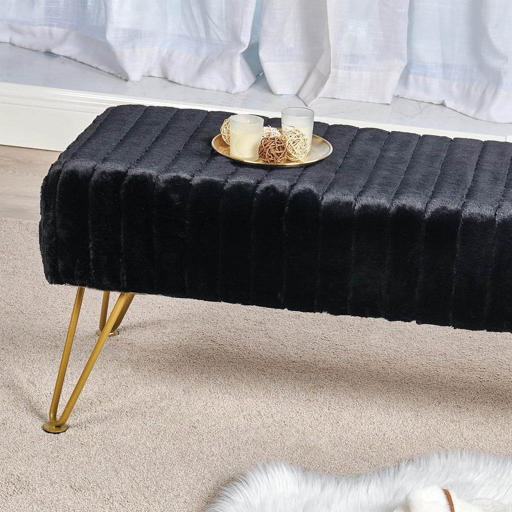 Black Soft Rectangle Faux Fur Long Ottoman Entryway Bench Furry Footrest Stool 46'x16'x17' Sturdy Accent Bench for Bedroom at The End of Bed Fuzzy Coffee Table Living Room Closet Golden Leg