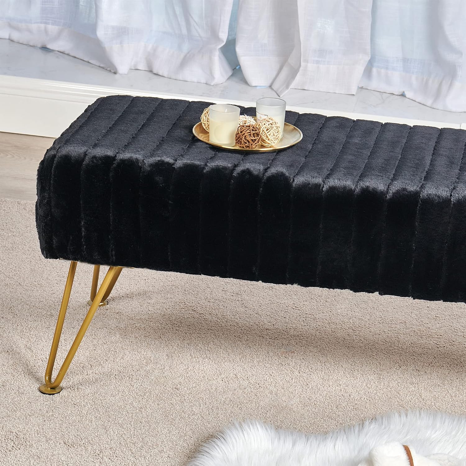 Black Soft Rectangle Faux Fur Long Ottoman Entryway Bench Furry Footrest Stool 46'x16'x17' Sturdy Accent Bench for Bedroom at The End of Bed Fuzzy Coffee Table Living Room Closet Golden Leg