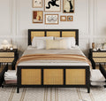 GarveeHome Black Rattan Bed Frame with Headboard, Boho Cane Platform Full Size Bed Frame with 4 Drawers, Strong Metal Slats Support, Noise Free, No Box Spring Needed