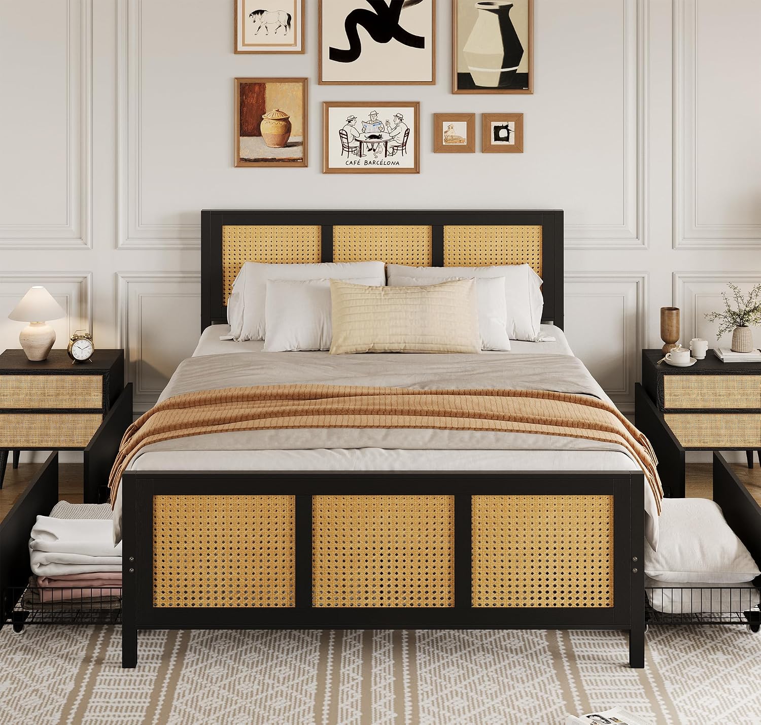 GarveeHome Black Rattan Bed Frame with Headboard, Boho Cane Platform Full Size Bed Frame with 4 Drawers, Strong Metal Slats Support, Noise Free, No Box Spring Needed