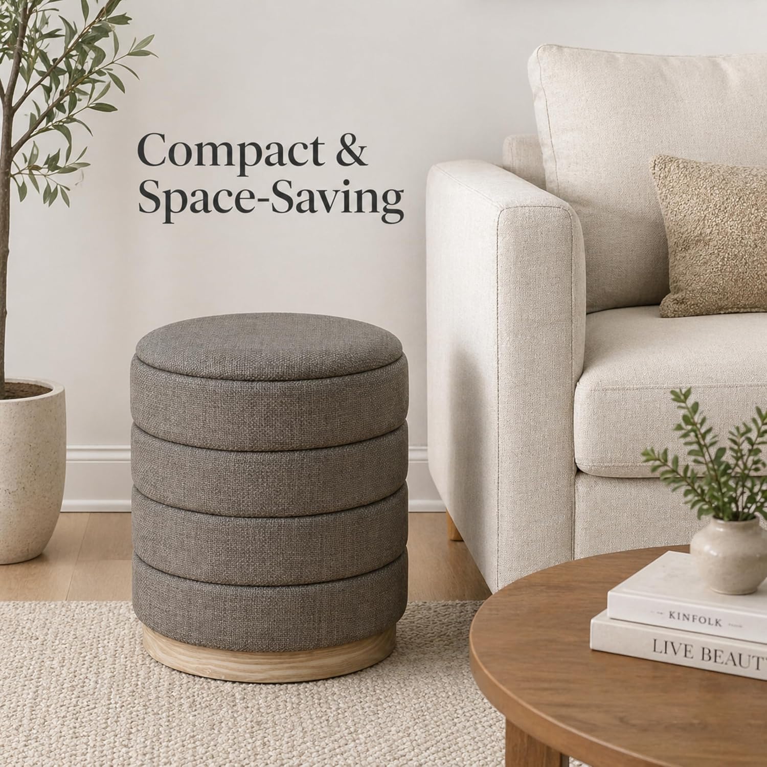Ottoman Collection Stylish Linen Cylinder Storage Tan Round Footrest Vanity Stool Furniture Living Room Small Bench 16' L X16 W X 17' H