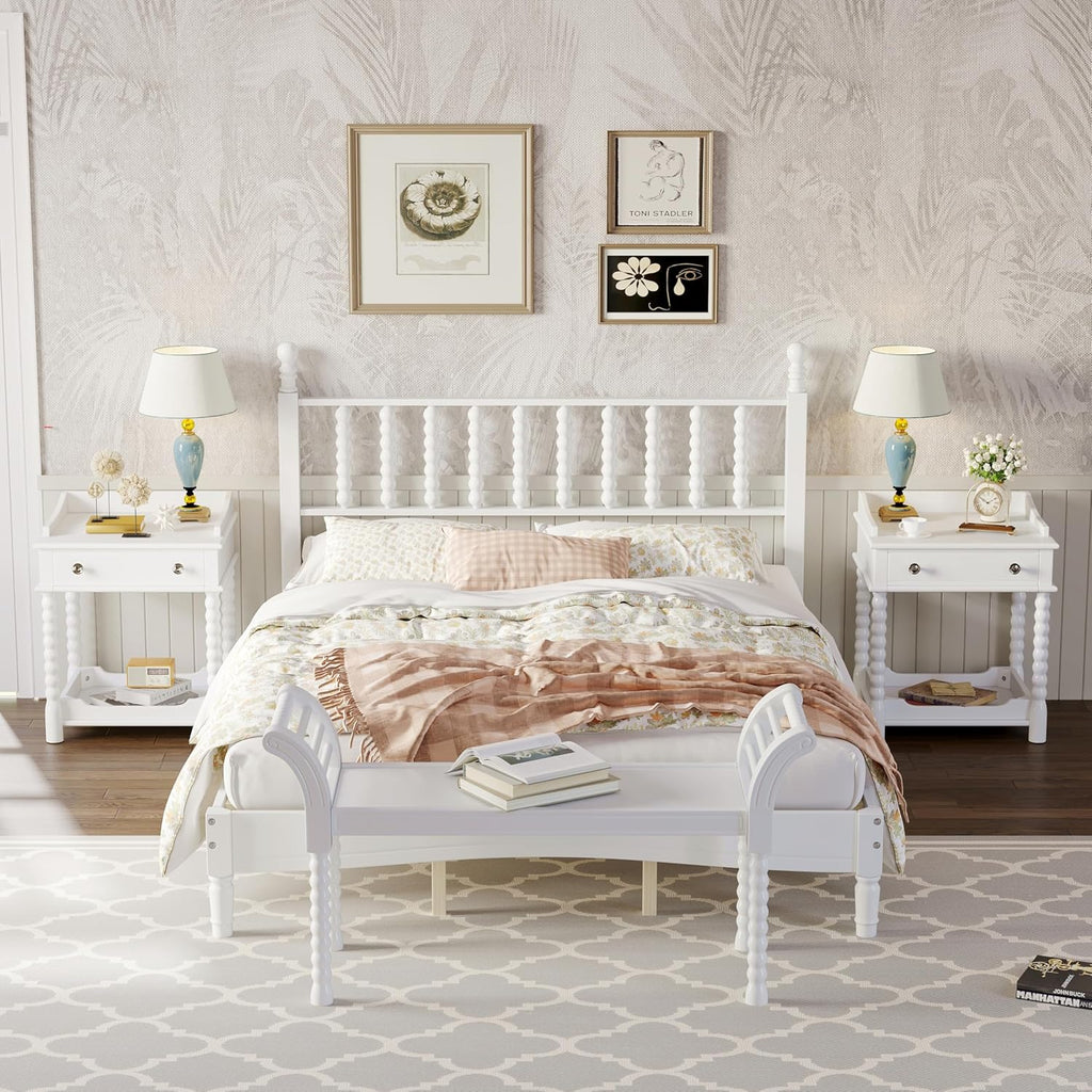 Retro Style 4-Pieces Bedroom Sets, Wood Queen Size Platform Bed with Gourd Shaped Headboard, 2 Storage Nightstand and Bench, Turned Legs Design (White-11.21)