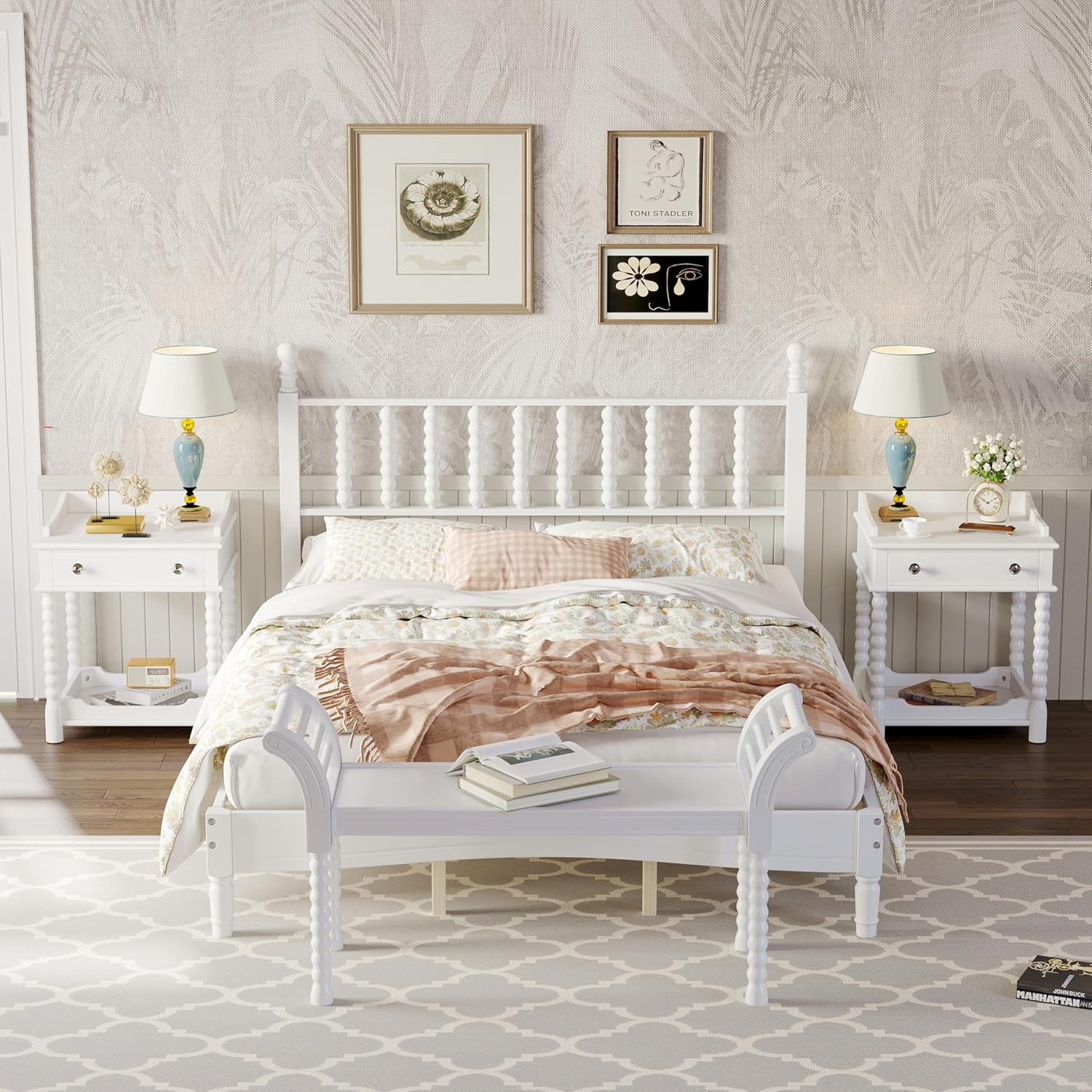 Retro Style 4-Pieces Bedroom Sets, Wood Queen Size Platform Bed with Gourd Shaped Headboard, 2 Storage Nightstand and Bench, Turned Legs Design (White-11.21)