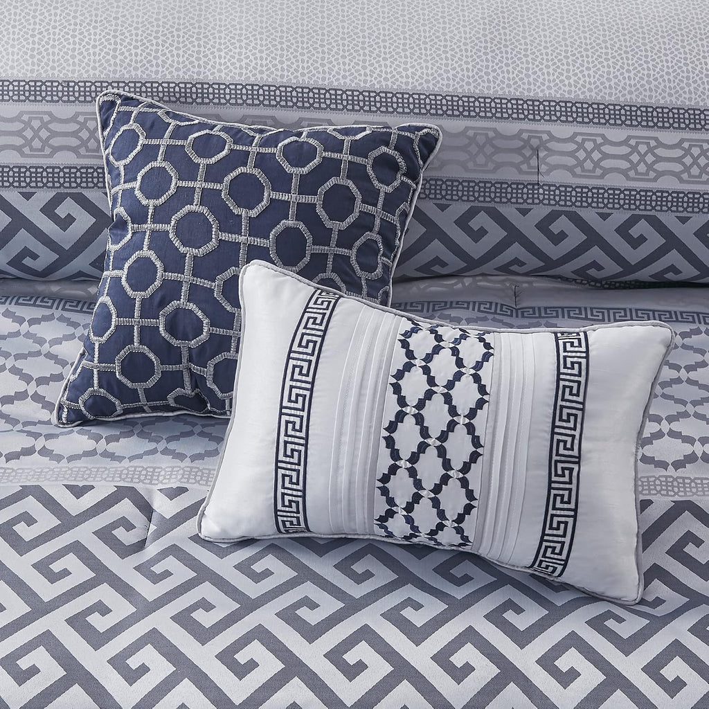 Madison Park Luxury Comforter Set-Traditional Jacquard Design All Season Down Alternative Bedding, Matching Bedskirt, Decorative Pillows, Cal King(104'x92'), Bennett, Geometric Navy 7 Piece