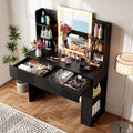 YESHOMY 35.4' Vanity Desk with LED Mirror and Lights,Makeup Vanity with 2 Storgae Drawers, 2 Side Shelves, and Open Storage Shelves, 3 Color Modes, for Bedroom, Classic Black