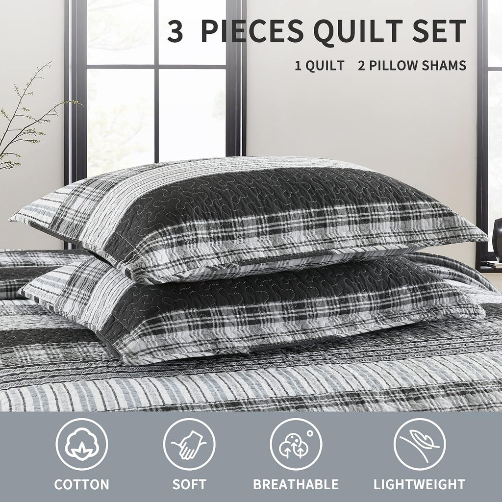 Homzard King Size Comforter - 100% Cotton, Black White Striped King Quilt Bedding Set,Black Grey Plaid Striped Bedding King,Farmhouse Lightweight Comforter for Bed,All Season
