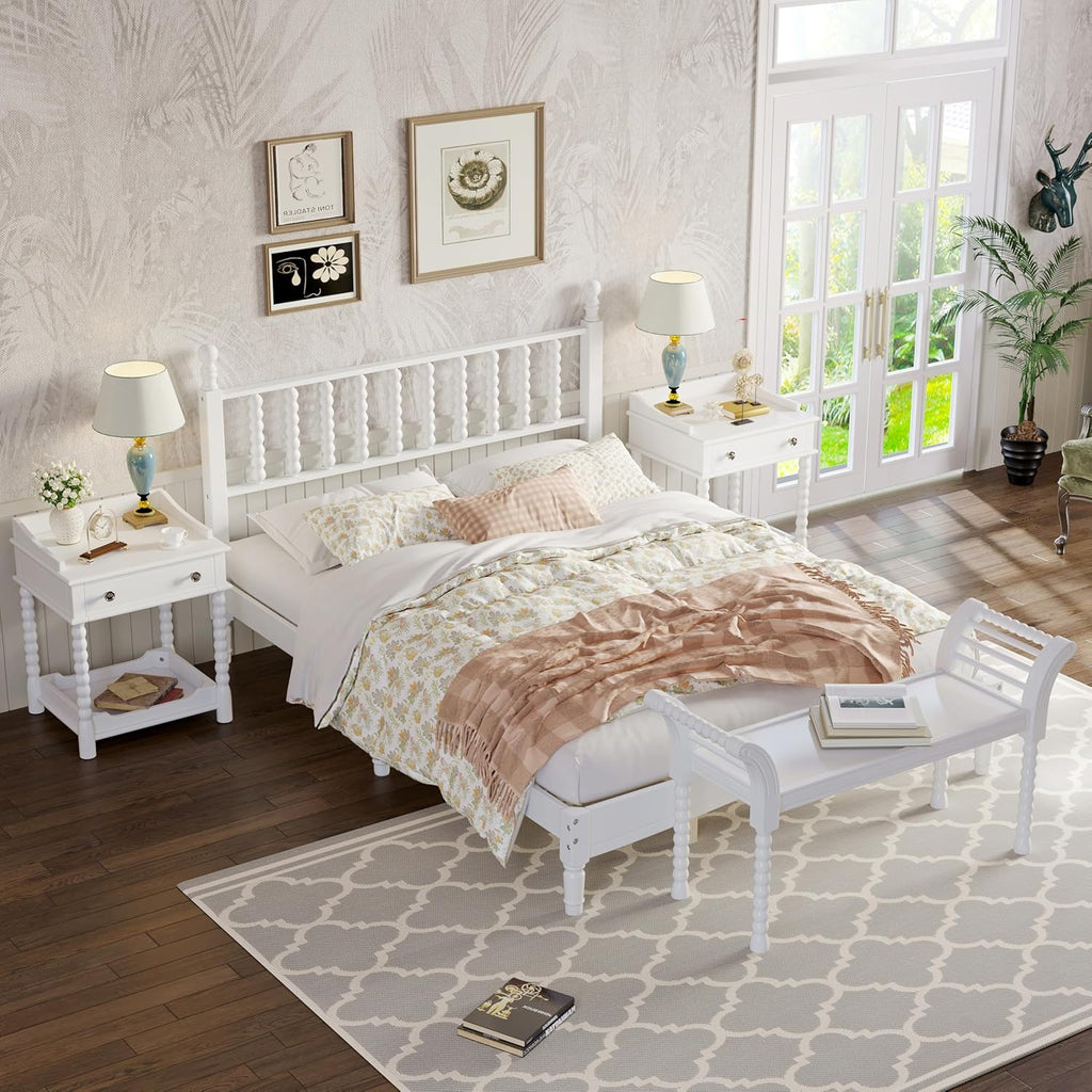 Retro Style 4-Pieces Bedroom Sets, Wood Queen Size Platform Bed with Gourd Shaped Headboard, 2 Storage Nightstand and Bench, Turned Legs Design (White-11.21)