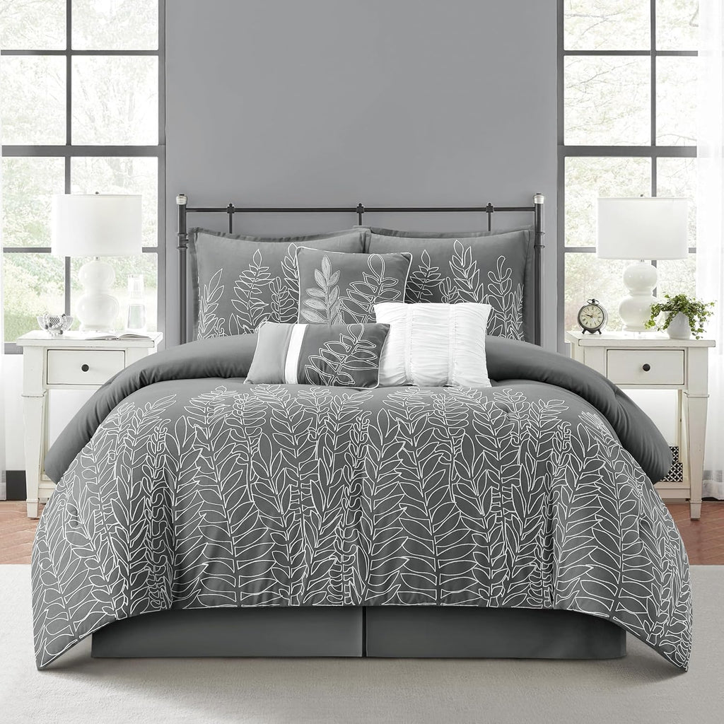 Stratford Park Grey Leaves King Bed Comforter Set, 7 Piece, Pillow Sham, Bedskirt, Decorative Pillow, Home Decor, All Season
