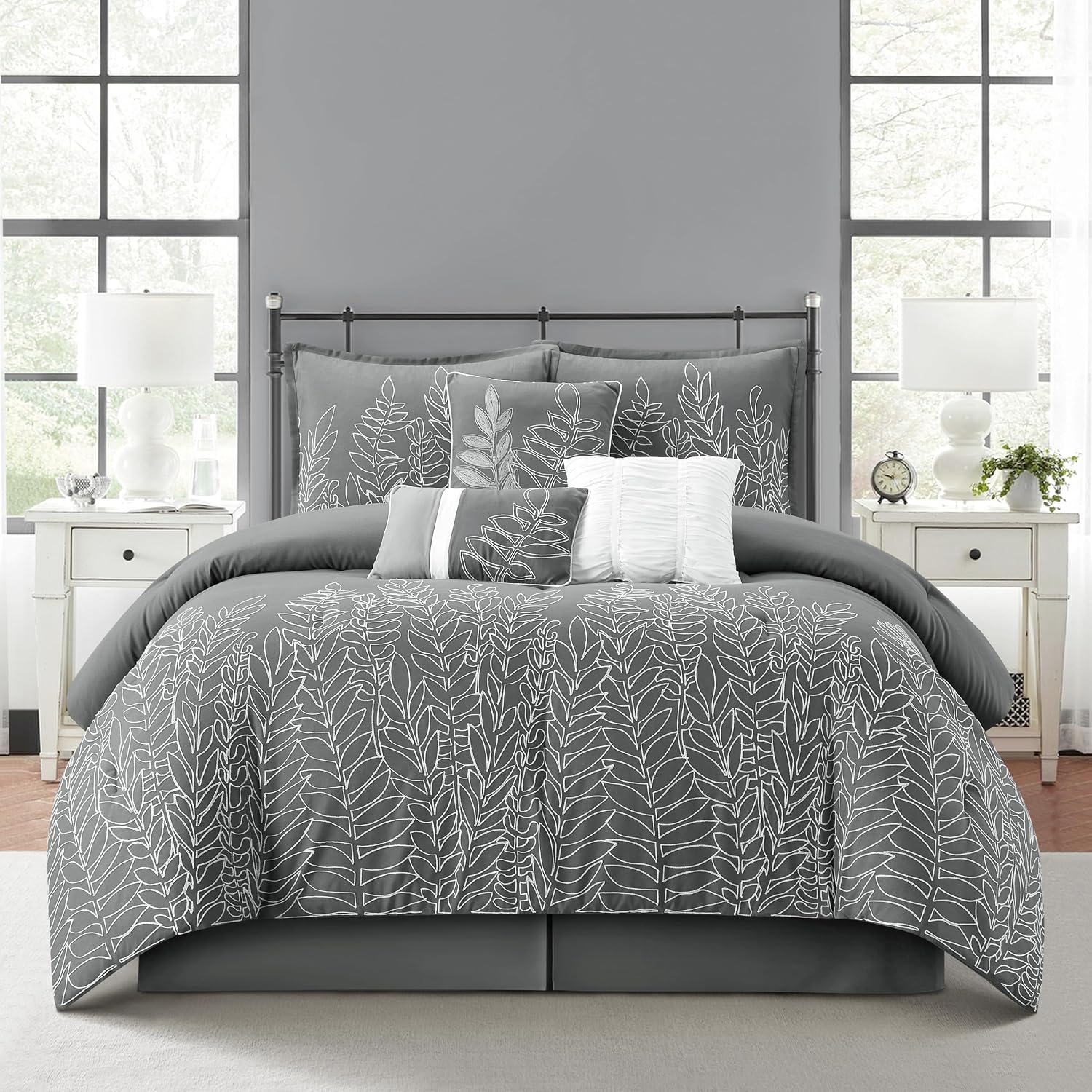 Stratford Park Grey Leaves King Bed Comforter Set, 7 Piece, Pillow Sham, Bedskirt, Decorative Pillow, Home Decor, All Season