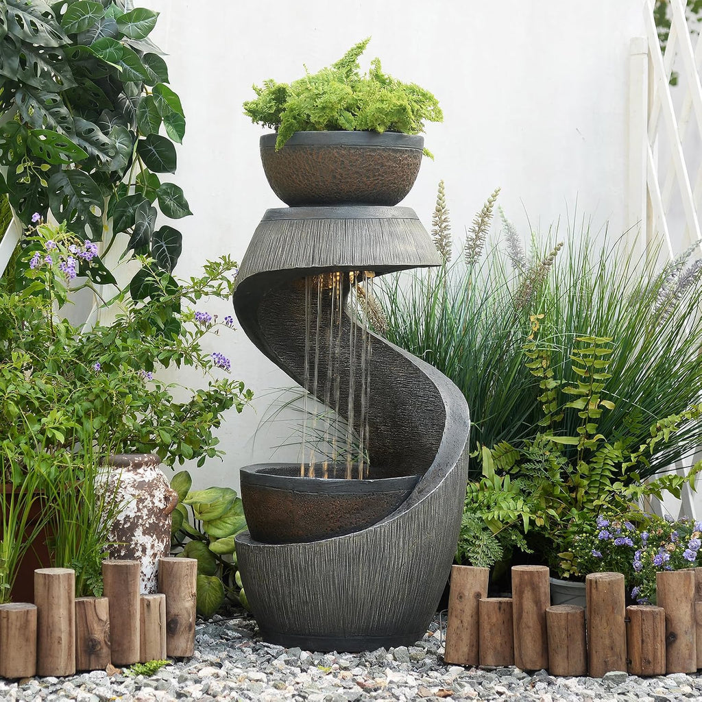 Sunlinua 31.9' S-Shaped Water Outdoor Fountain–Modern Cascading Waterfall Feature with LED Lights & Planter Bowl, Garden Fountains Outdoor for Patio, Balcony, Yard or Home Decor, Resin Waterfall
