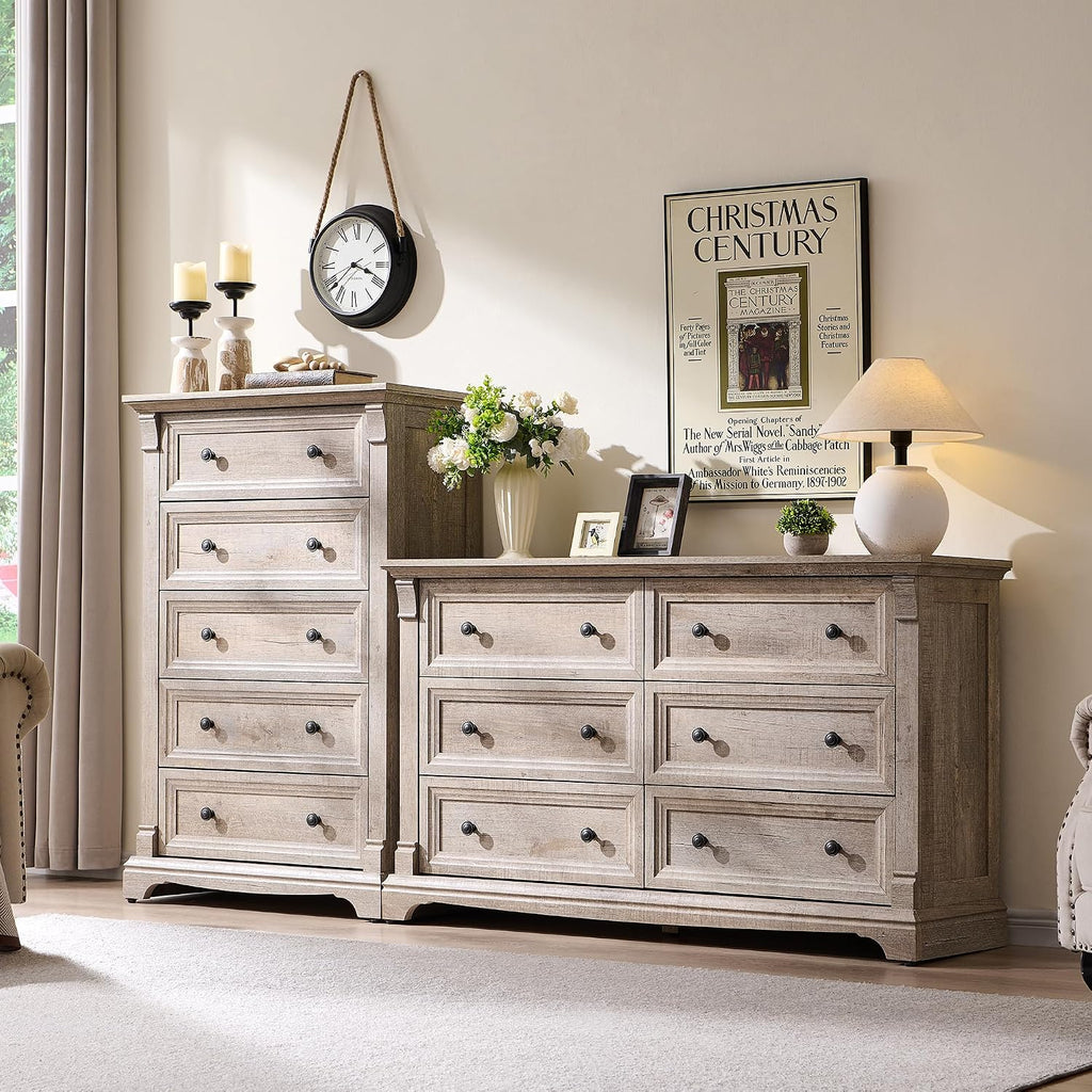 Farmhouse 6 Drawers Dresser for Bedroom, 54' Wide Large Dressers & Chests of Drawers w/Roman Column, Wooden Dresser TV Stand with Large Drawers for Nursery Bedroom Living Room Hallway,Light Rustic Oak