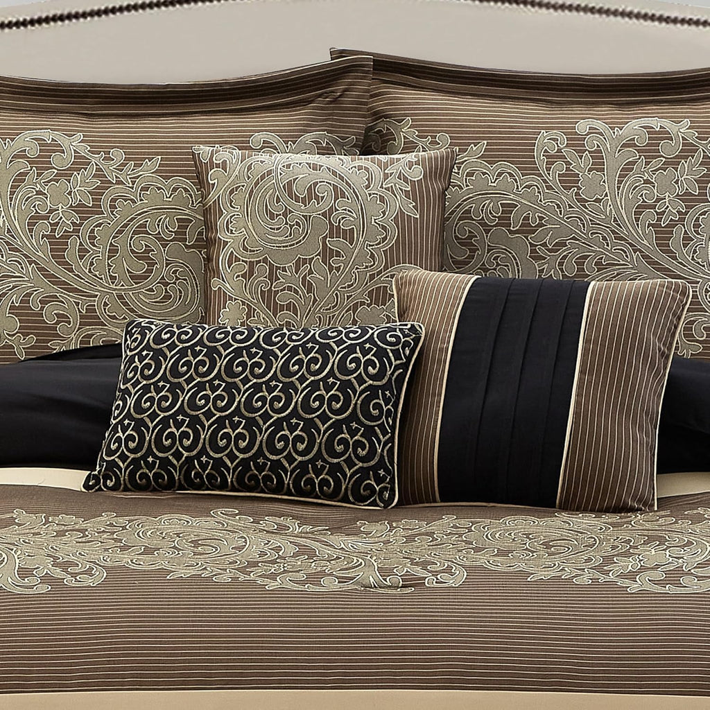 LANCO MODERN LIFESTYLE Black Gold Comforter Set, King, Damask Jacquard with Matching Solid Piece Work, 7 Piece Soft Bedding Set for All Season, Bed Skirt, Pillow Shams and Decorative Pillows