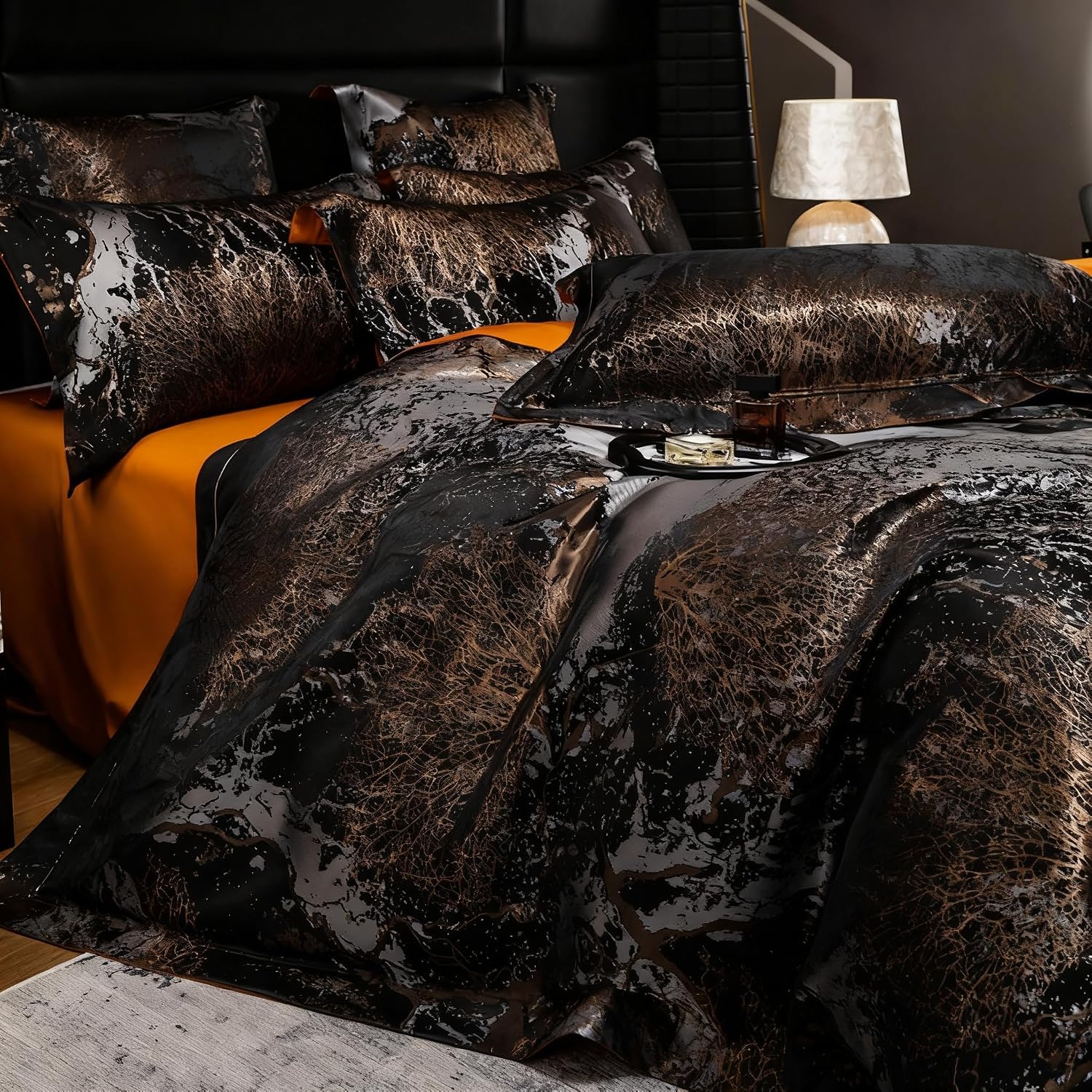 100% Long Staple Cotton Luxury 6-Piece Set, Elegant Black and Gold Satin Bedding Set, 3D Embroidered Jacquard, Quilt Cover，Sheet+2 Pillowcases and 2 Cushion Covers (Golden Years,Queen)
