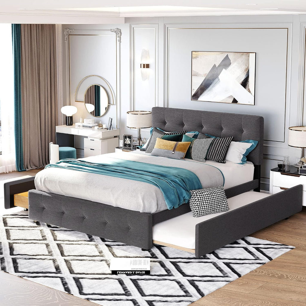 Merax Queen Size Upholstered Bed with 2 Storage Drawers and Twin XL Trundle, Solid Wood Platform Bed No Box Spring Needed, Dark Grey