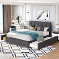 Merax Queen Size Upholstered Bed with 2 Storage Drawers and Twin XL Trundle, Solid Wood Platform Bed No Box Spring Needed, Dark Grey