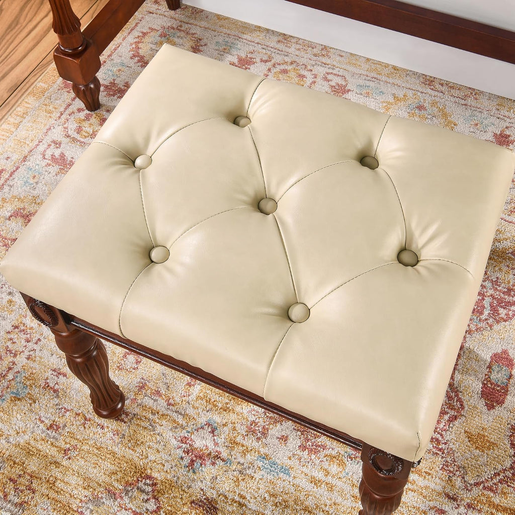 Solid Wood Upholstered Vanity Bench, Small Vintage Ottoman Leather Tufted Foot Stool with Padded Cushion Carved Footrest Rustic Legs for Bedroom Living Room 1533BG(Beige)