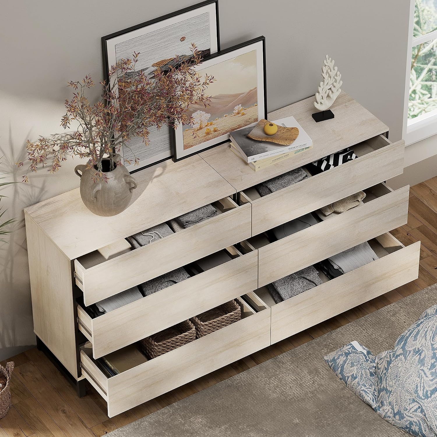 WAMPAT 3-Piece Modern Bedroom Furniture Set, 63-Inch Dresser with 6 Drawers and 2 Nightstands Featuring Drawer and Cabinet Design, Bedroom Set of 3, Light Oak