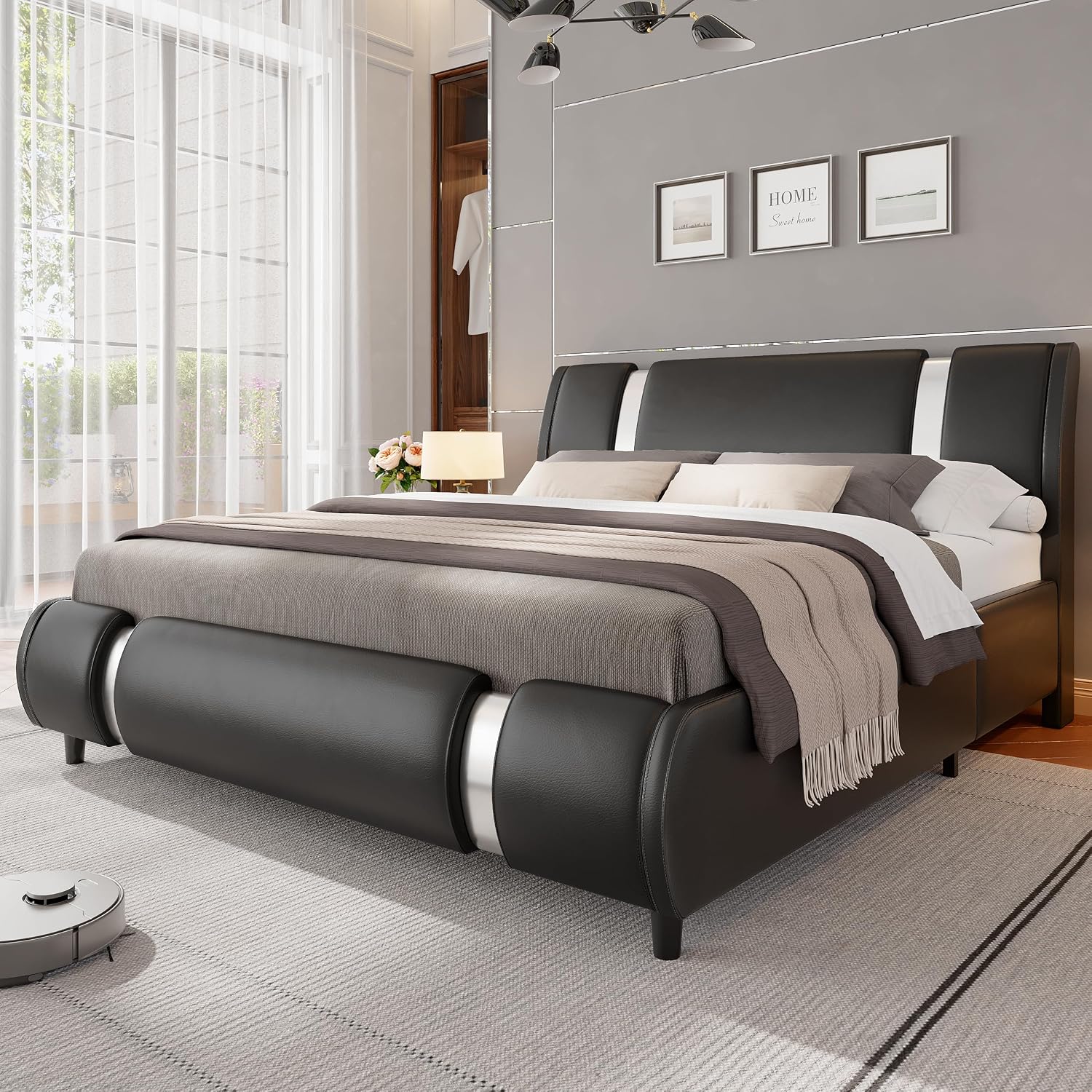 Keyluv Modern Faux Leather Upholstered Platform Bed Frame with Metal Decoration Headboard, Wooden Slats Support, No Box Spring Needed, Queen Size, Black