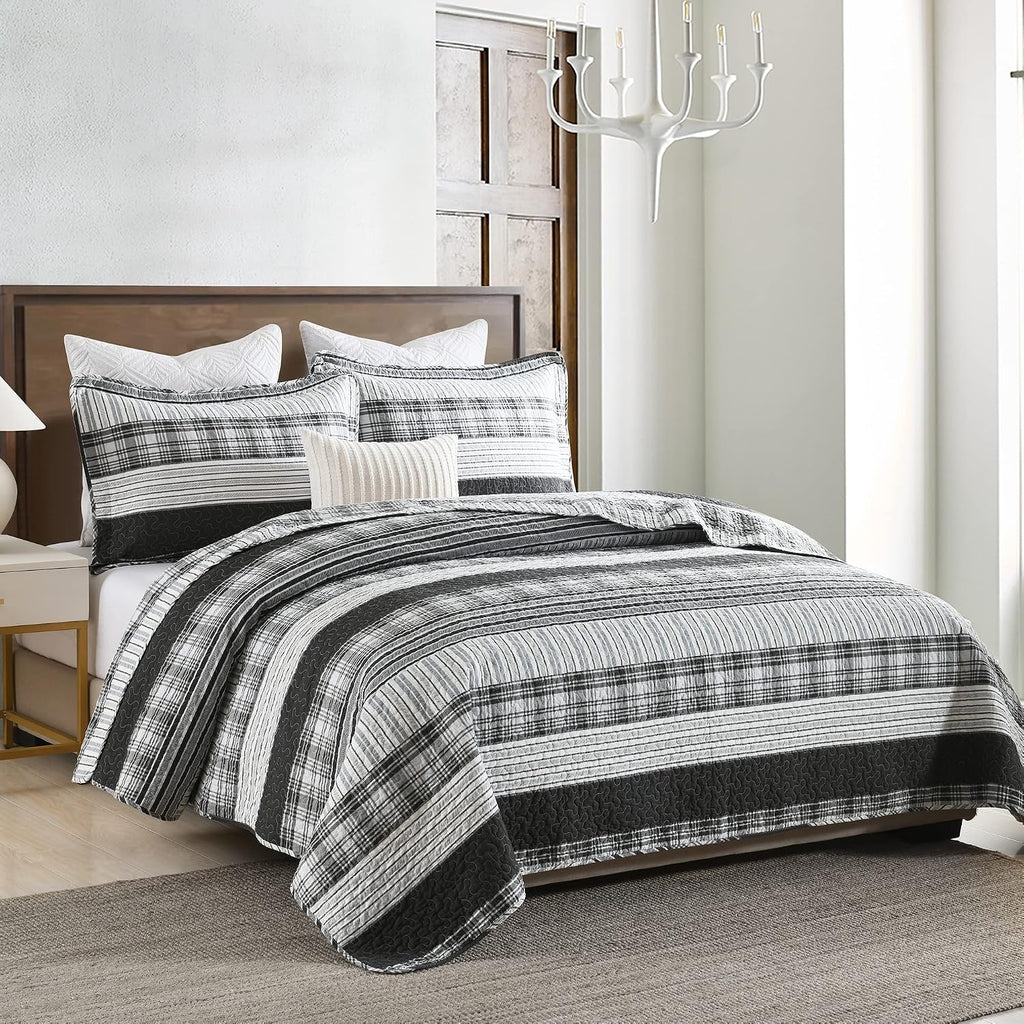 Homzard King Size Comforter - 100% Cotton, Black White Striped King Quilt Bedding Set,Black Grey Plaid Striped Bedding King,Farmhouse Lightweight Comforter for Bed,All Season