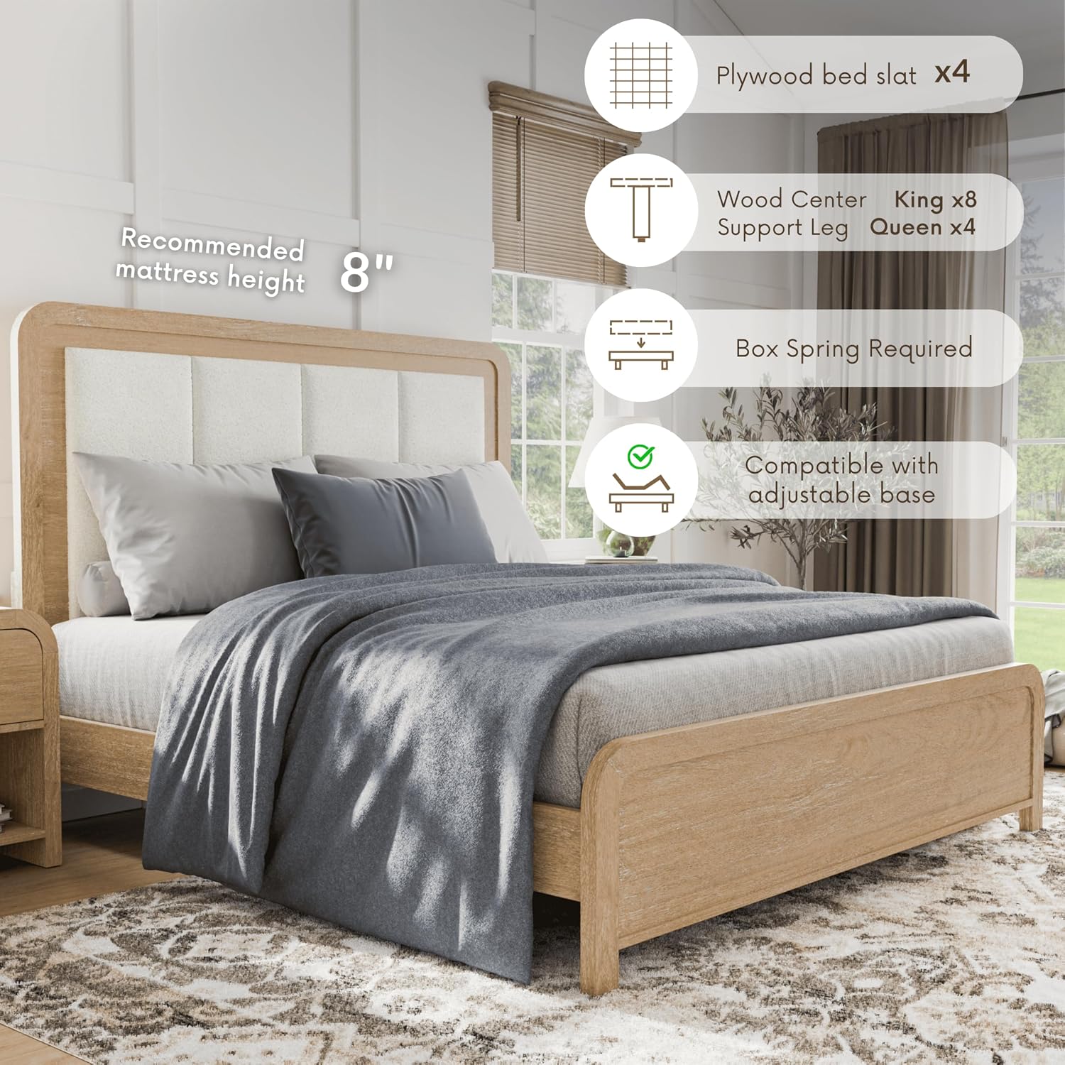 Furniture of America Verena Boho Solid Wood 6-Piece Queen Panel Bedroom Set with Channel Padded Headboard, Metal Side Glide, Finger Pulls and Beveled Mirror, Box Spring Needed, Natural