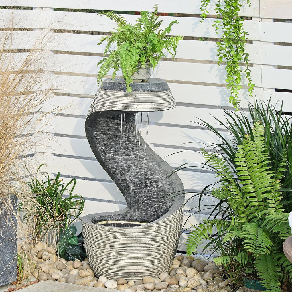 Sunlinua 37' Tall S-Shaped Outdoor Waterfall Fountain – Rainfall Water Fountain for Garden, Patio or Backyard Decor, Floor-Standing Resin Garden Fountains Water Feature with Flat Top for Plant Display