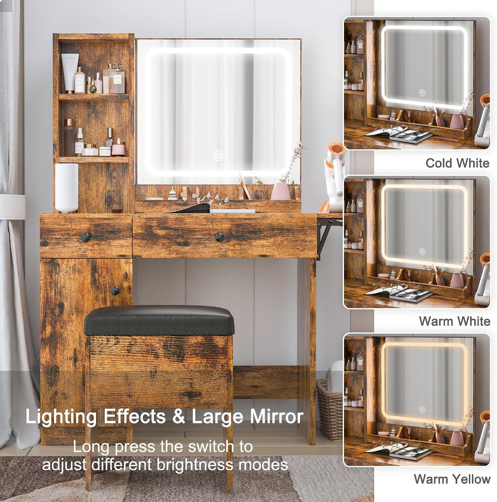 IRONCK Vanity Desk with LED Lighted Mirror & Power Outlet, Makeup Table with Drawers & Cabinet,Storage Stool,for Bedroom, Vintage Brown