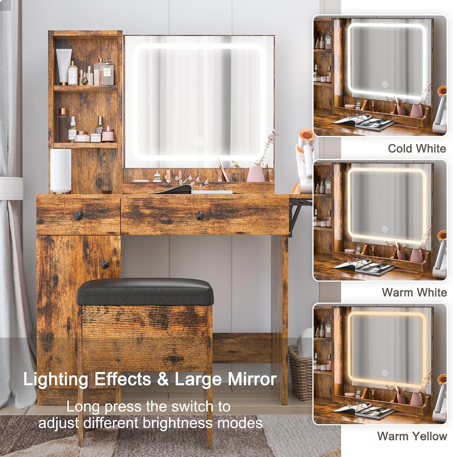 IRONCK Vanity Desk with LED Lighted Mirror & Power Outlet, Makeup Table with Drawers & Cabinet,Storage Stool,for Bedroom, Vintage Brown