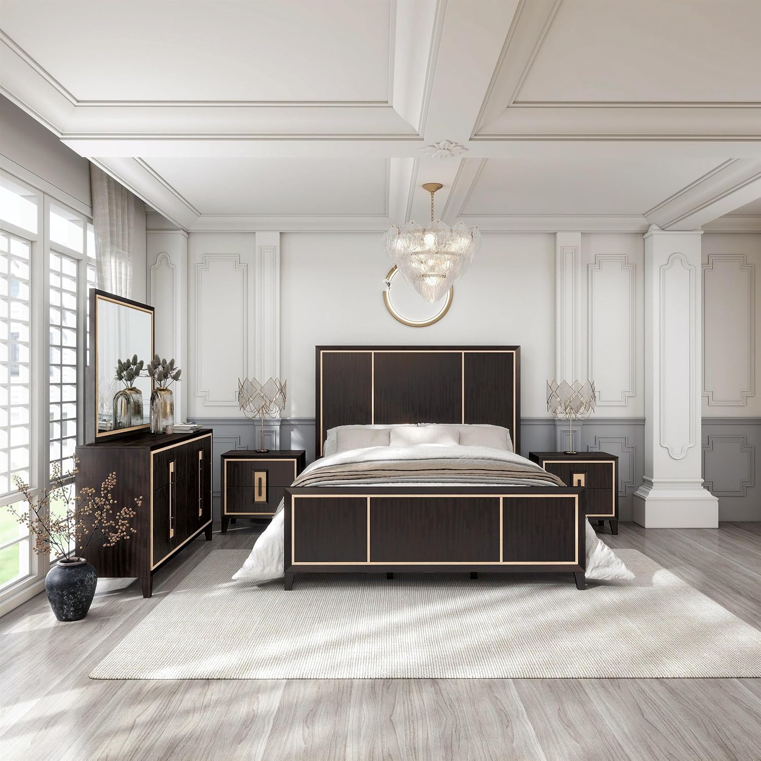 Furniture of America Samuel Modern Solid Wood 5-Piece Bedroom Collection Bed Frame, 2-Drawer Nightstands and 6-Drawer Dresser with Mirror, Box Spring Required, Espresso, King