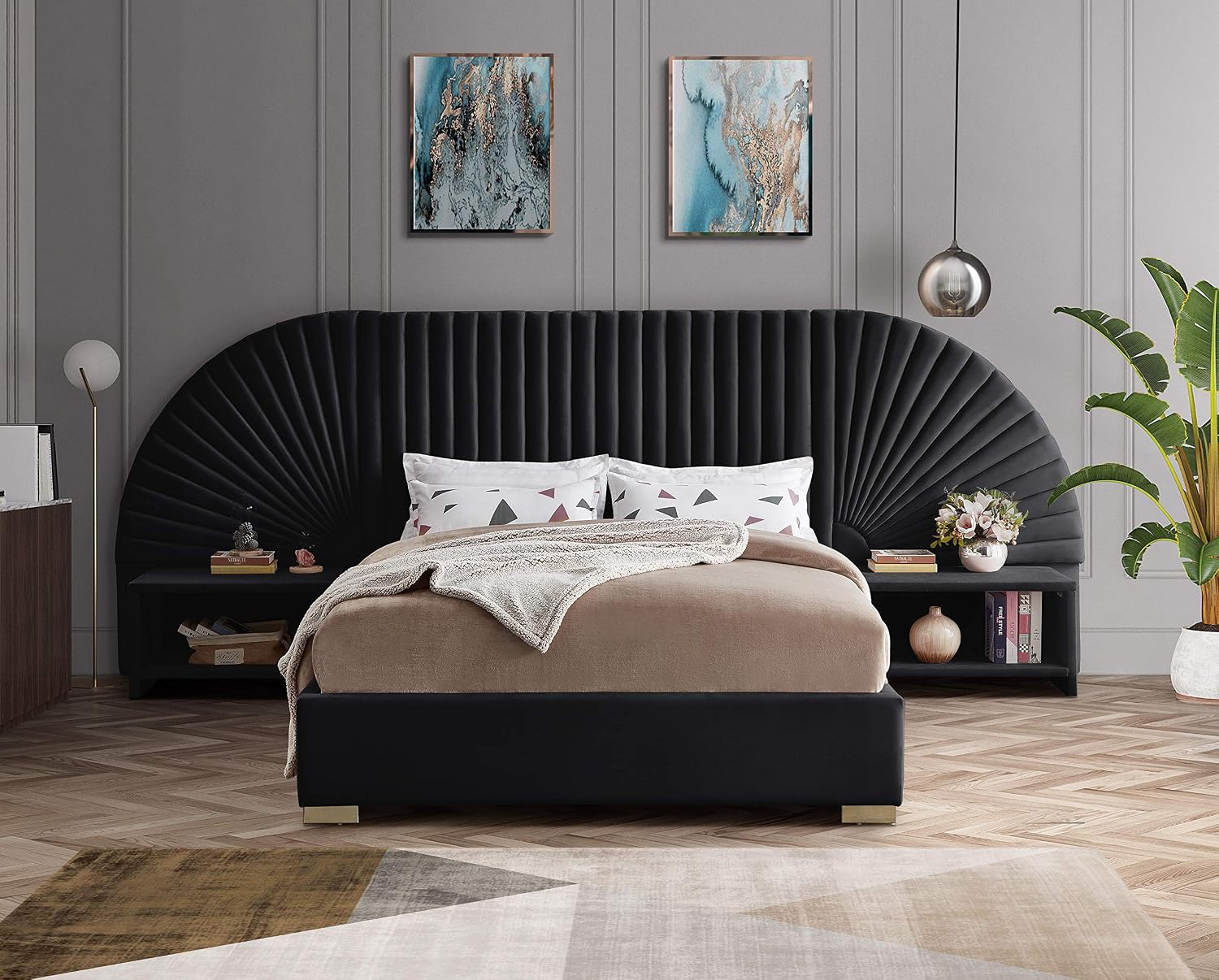Meridian Furniture Cleo Collection Modern | Contemporary Velvet Upholstered Bed with Gold Steel Legs and Removable Panels, Queen, Black