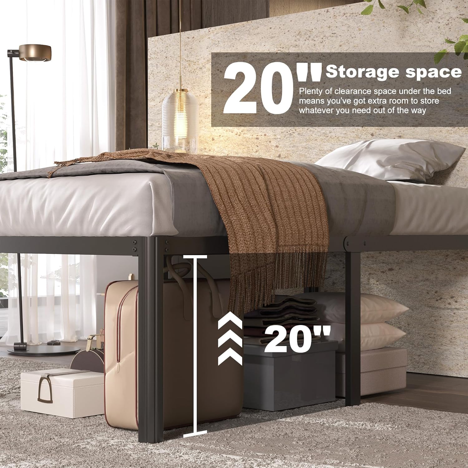 Lutown-Teen 22 Inch High King Bed Frame with Rounded Corner Legs, Sturdy Mattress Foundation, Heavy Duty Metal King Size Platform No Box Spring Needed, Noise Free, Easy Assembly, Black