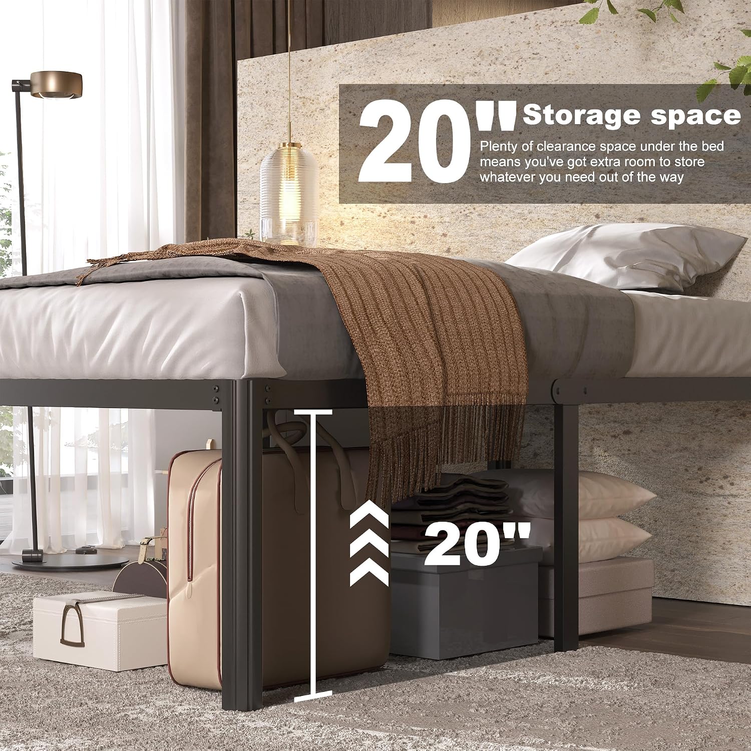 Lutown-Teen 22 Inch High Queen Bed Frame with Rounded Corner Legs, Heavy Duty Metal Queen Platform Bed Frame with Steel Slats Support, No Box Spring Needed, Noise Free, Easy Assembly