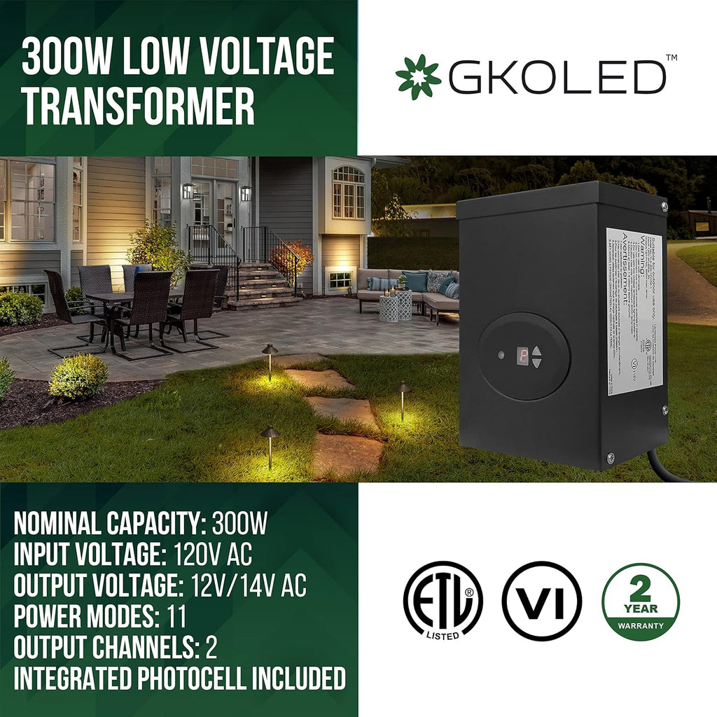 GKOLED ETL Listed 300W Low Voltage Transformer for Landscape Lighting with Timer and Photocell Sensor, 120V AC to 12V/14V AC Power Pack, Fully Encapsulated Toroid Core, CEC VI Certified