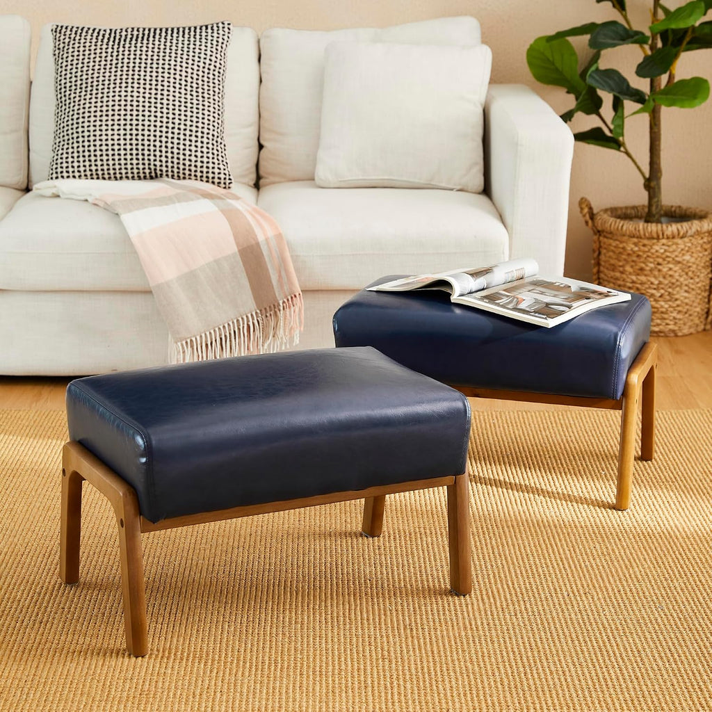 Glitzhome Foot Stool Pack of 2, Leatherette Wooden Step Stool, Modern Rectangle Ottoman Wide Vanity Stool with Cushion for Couch Living Room Bedroom Entryway, Navy Blue