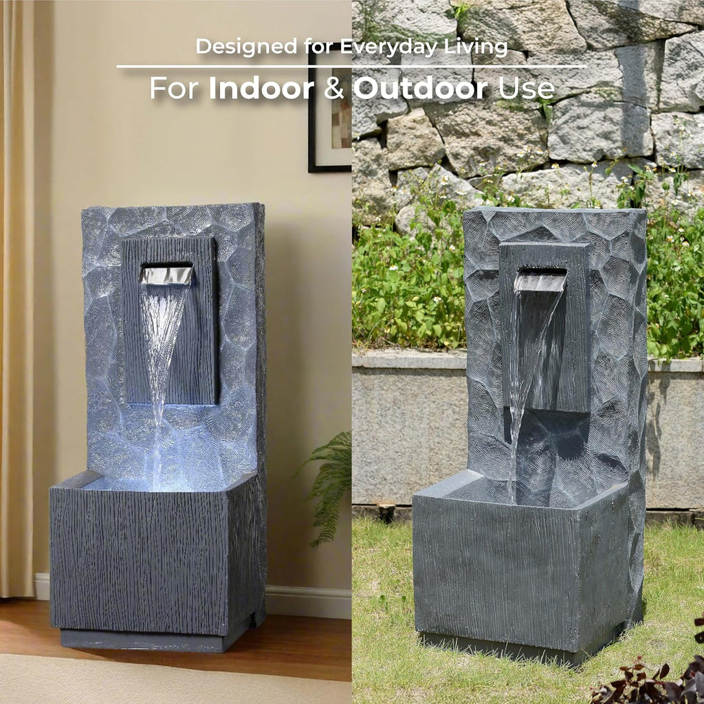 Teamson Home Spa Waterfall Outdoor Water Fountain–Cool Glow Lighting with Adjustable Flow & Electric Pump, Gray