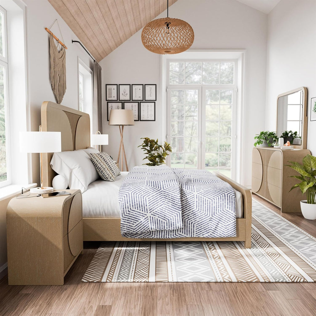 Furniture of America Tissen Modern Solid Wood 5-Piece King Bedroom Set with USB Ports, Reeded Panels, Curved Edges and Beveled Mirror, Box Spring Needed, Natural