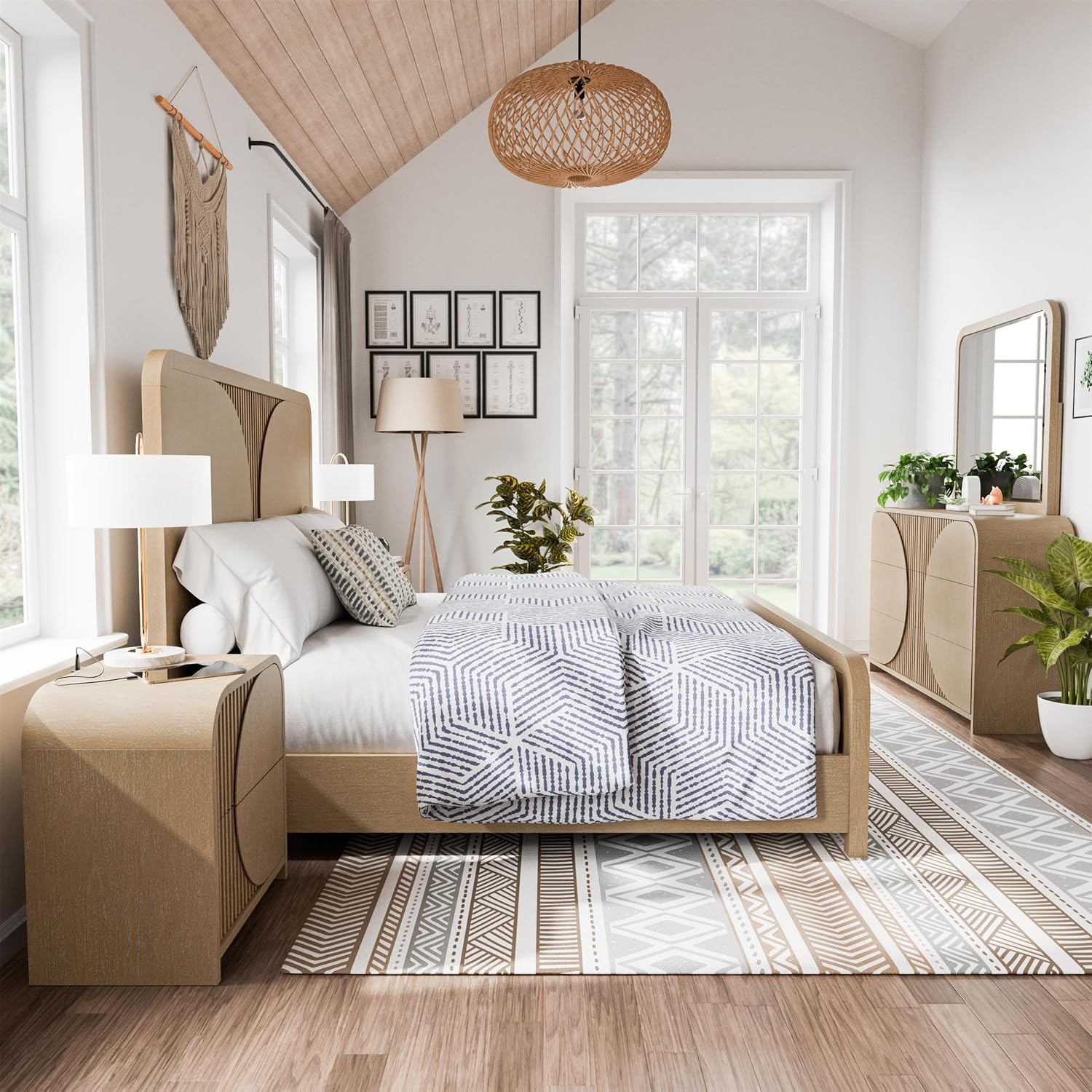 Furniture of America Tissen Modern Solid Wood 5-Piece King Bedroom Set with USB Ports, Reeded Panels, Curved Edges and Beveled Mirror, Box Spring Needed, Natural