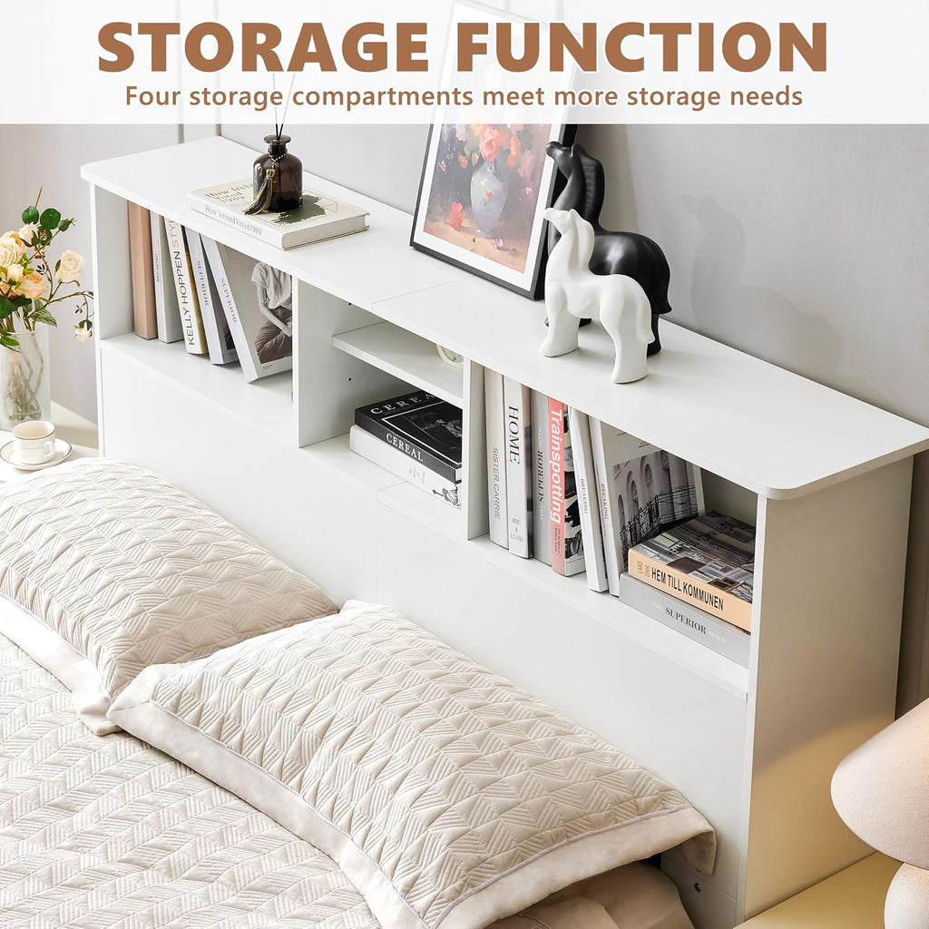 Howjoe Bookcase Headboard Queen Size, Sturdy and Durable Wood Headboards with 4 Compartments, Full/Queen Headboard with Storage, Free Standing Headboards with Adujstable Bookshelf, White