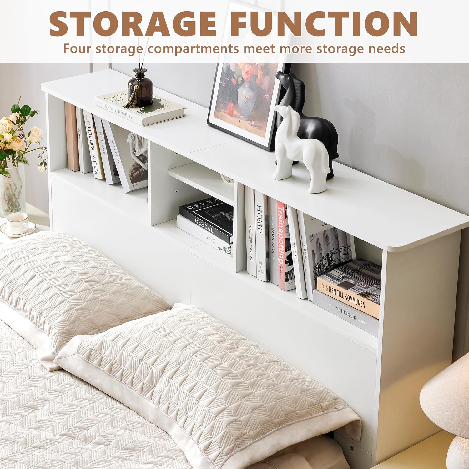 Howjoe Bookcase Headboard Queen Size, Sturdy and Durable Wood Headboards with 4 Compartments, Full/Queen Headboard with Storage, Free Standing Headboards with Adujstable Bookshelf, White