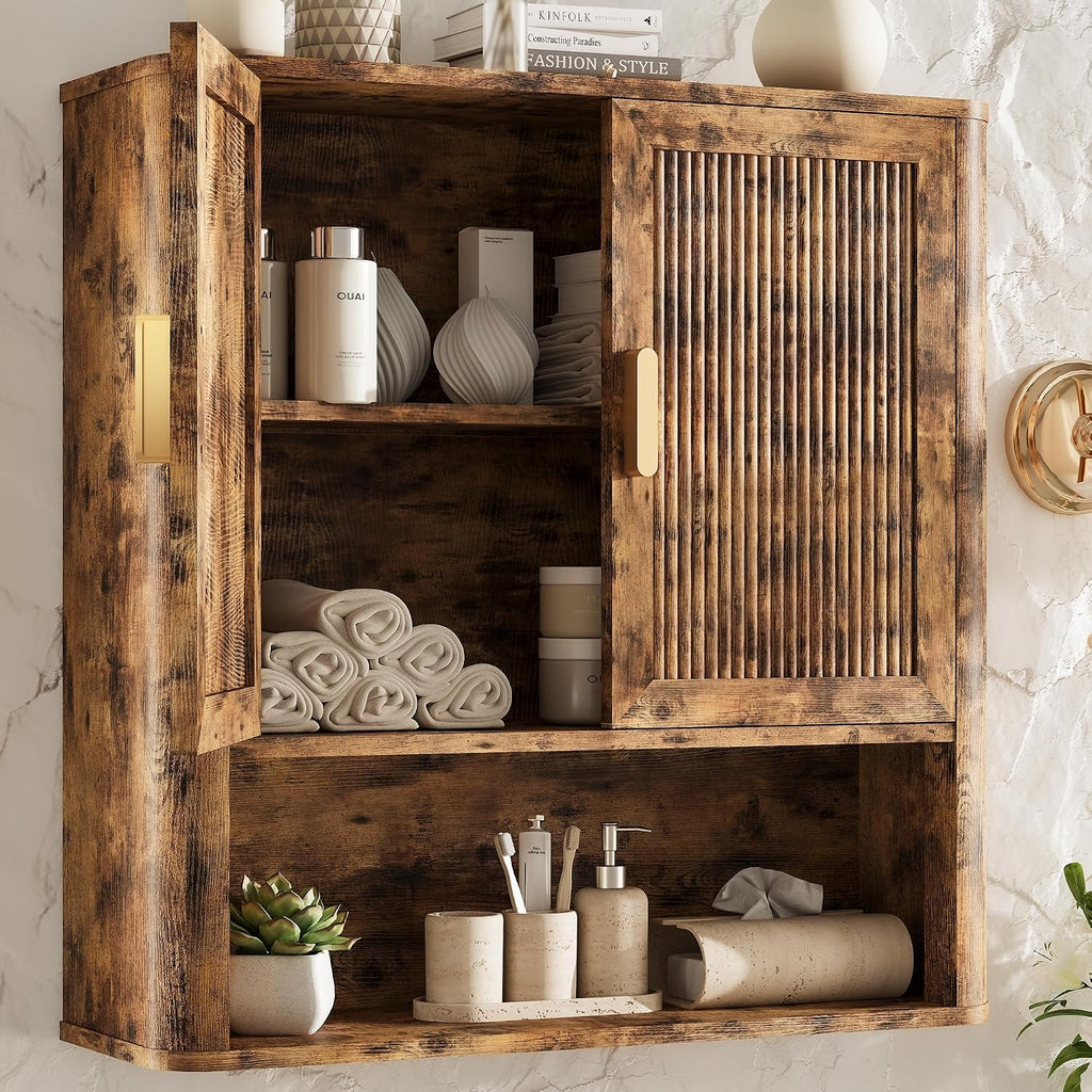 INNOD Bathroom Wall Cabinet, Wall-Mounted Medicine Cabinet with Adjustable Wood Shelf & Doors, Floating Bathroom Cabinet Over Toilet for Laundry Room & Kitchen & Living Room (Retro)