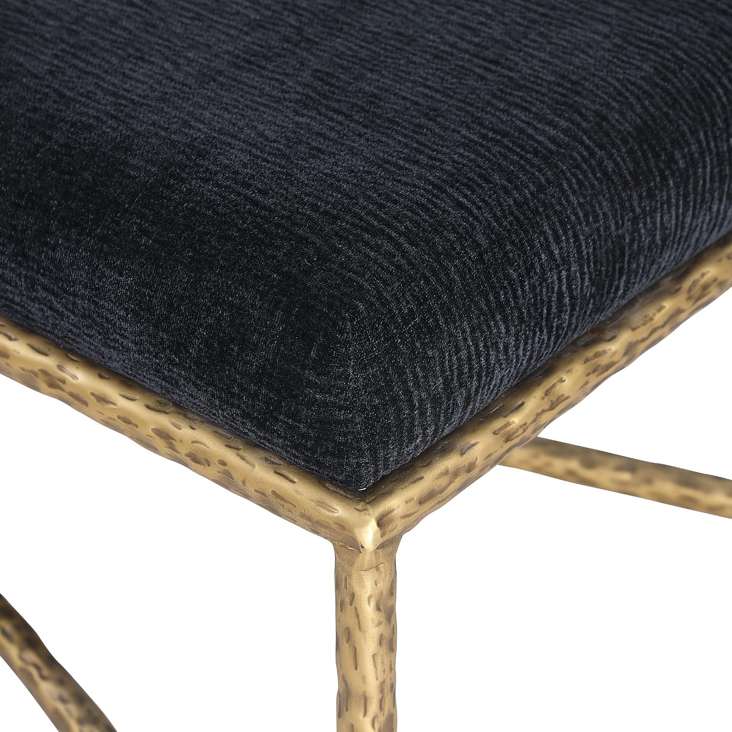 Meridian Furniture 22061Black Valley Collection Modern | Contemporary Bench with Soft Black Chenille Fabric, Brushed Brass Forged Iron Metal Legs and Frame, 25' W x 18' D x 18' H, Black