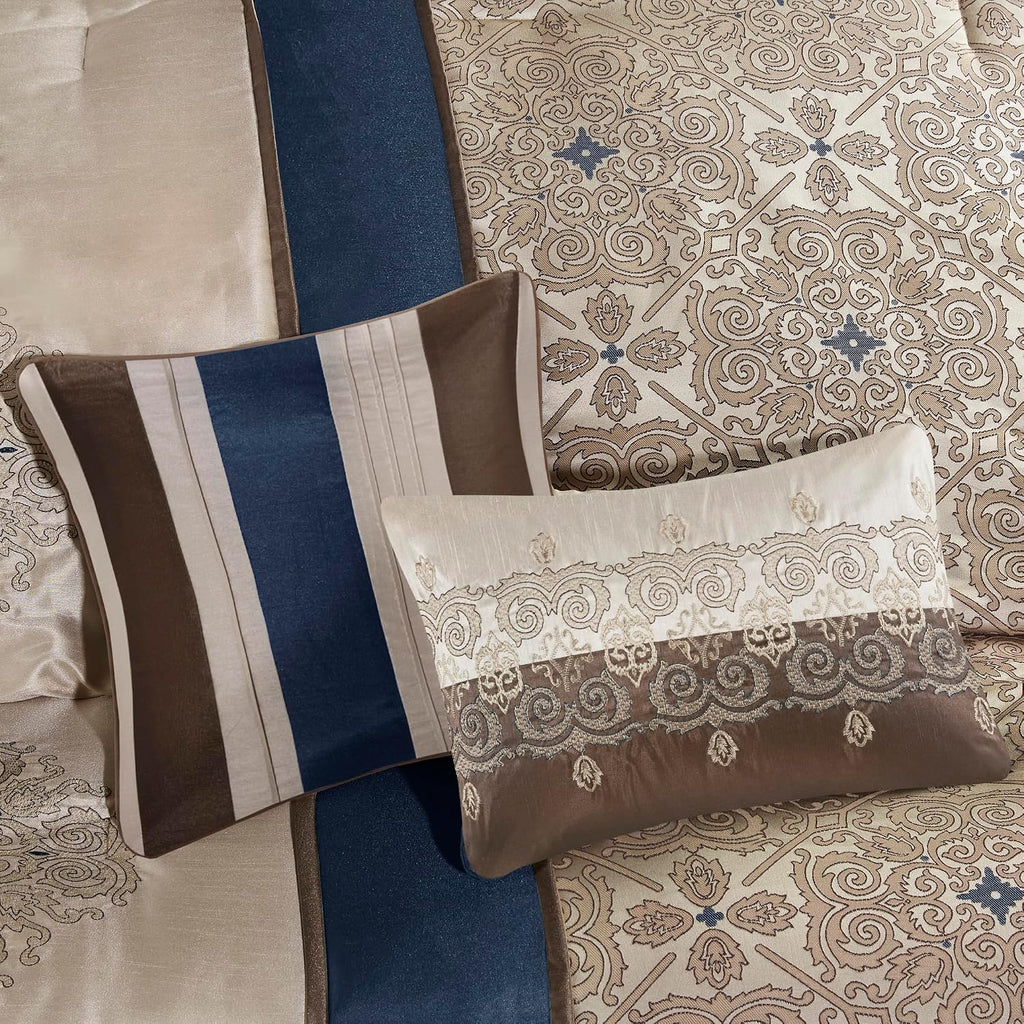 Madison Park Comforter Faux Silk-Traditional Luxurious Jacquard Design All Season Set, Matching Bed Skirt, Decorative Pillows, Queen(90'x90'), Navy 7 Piece