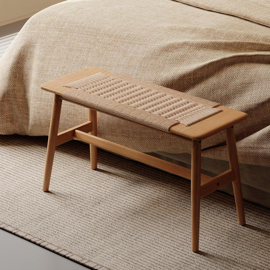 100% Solid Oak Wood Bench,Hand Woven Design,Solid Mortise and Tenon Construction-Solid Structure of Chair Legs,Woven Rattan Entryway Benchs/Dining Bench (Natural Oak,31.49'*11.81'*15.98')