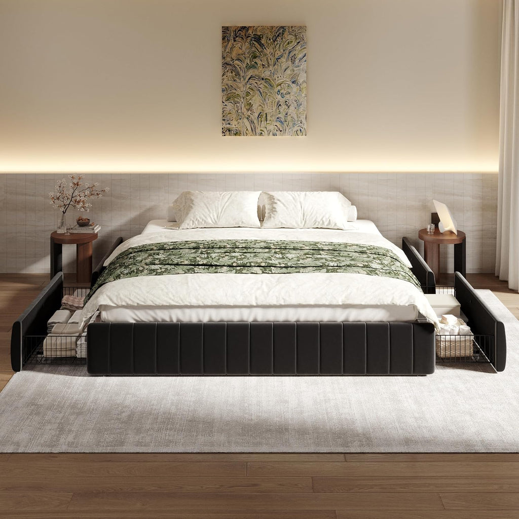 SHA CERLIN King Size Velvet Upholstered Platform Bed Frame with 4 Storage Drawers, Vertical Channel Tufted, Low Profile, Fits Standard Headboards, Wooden Slats Support, Easy Assembly, Black