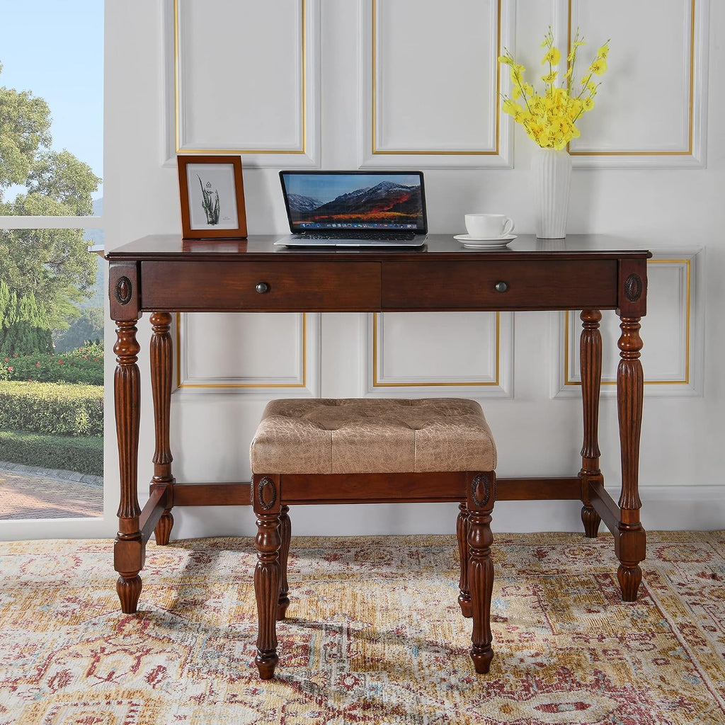 Solid Wood Upholstered Vanity Bench, Small Vintage Ottoman Leather Tufted Foot Stool with Padded Cushion Seat Carved Footrest Rustic Legs for Bedroom Living Room 1533LT(Light Yellow)