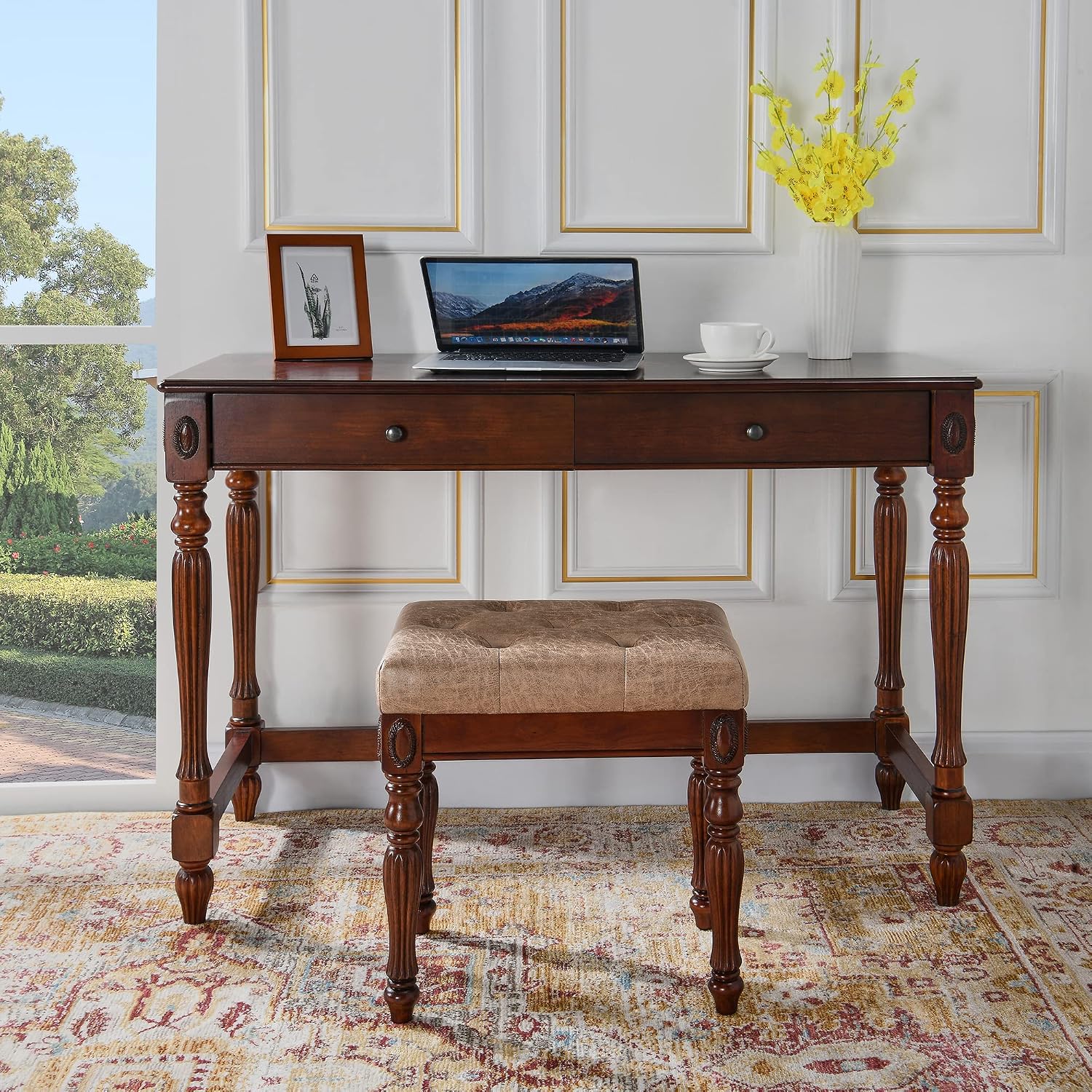 Solid Wood Upholstered Vanity Bench, Small Vintage Ottoman Leather Tufted Foot Stool with Padded Cushion Seat Carved Footrest Rustic Legs for Bedroom Living Room 1533LT(Light Yellow)